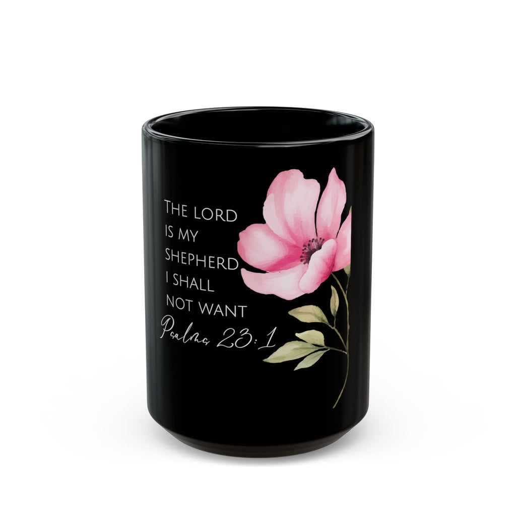 Psalm 23:1 Floral Black Mug — "The Lord Is My Shepherd" Christian Coffee Cup