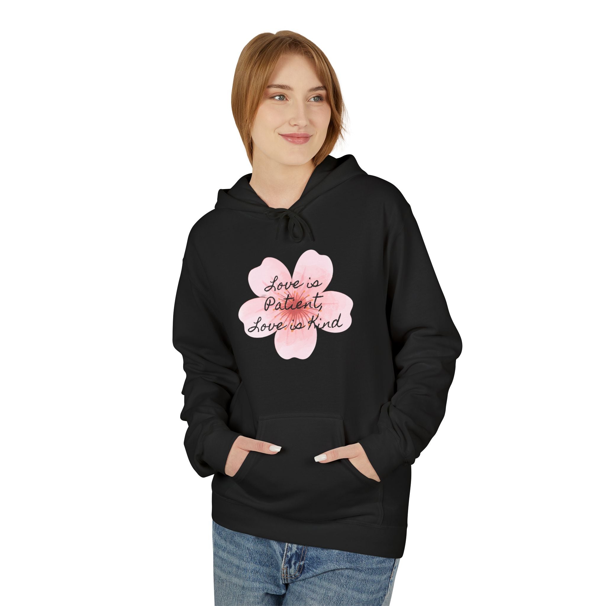 Hoodie - Love is Patient Love is Kind Pink Watercolor Floral Quote