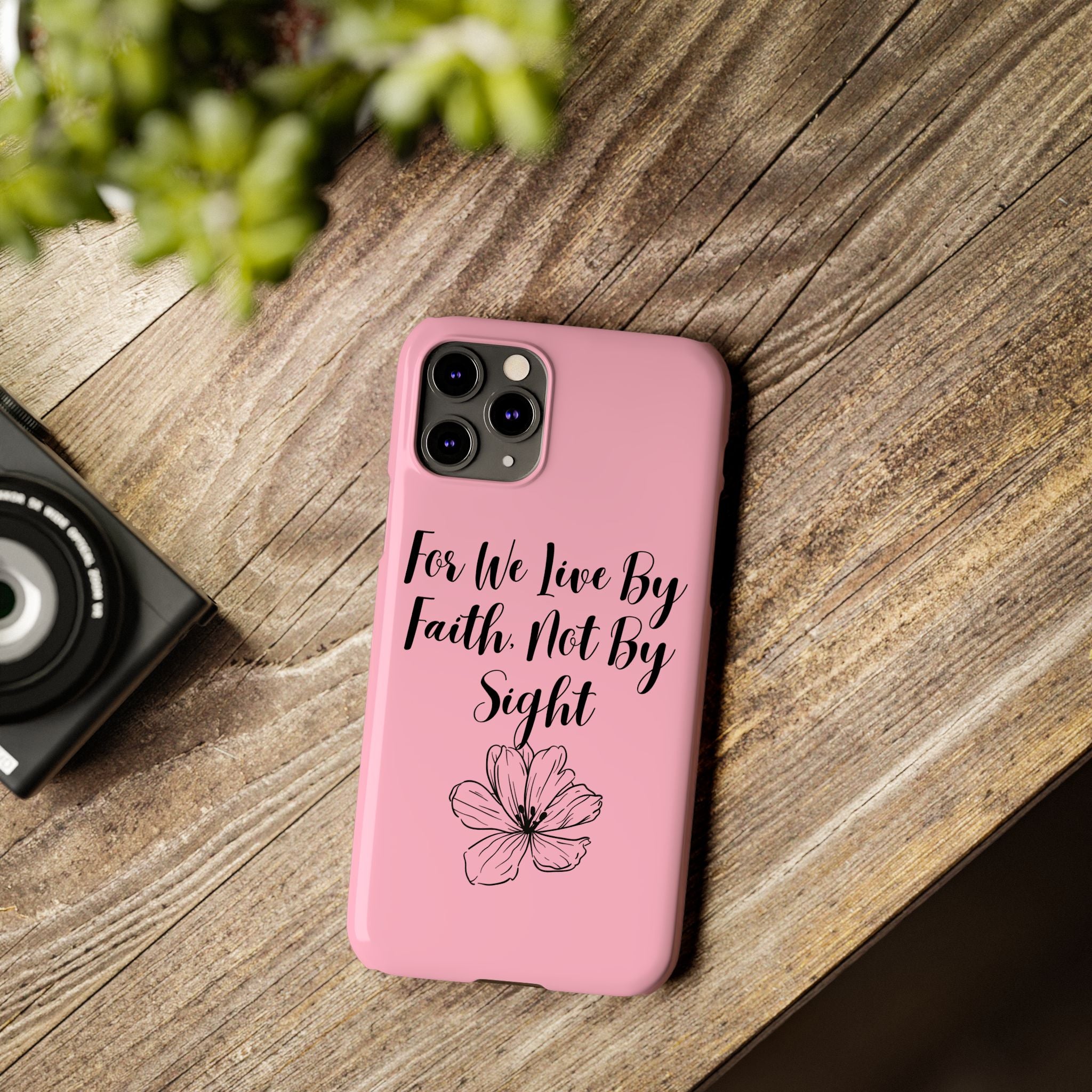 Slim Phone Case — "For We Live By Faith, Not By Sight" Floral Christian Scripture Design
